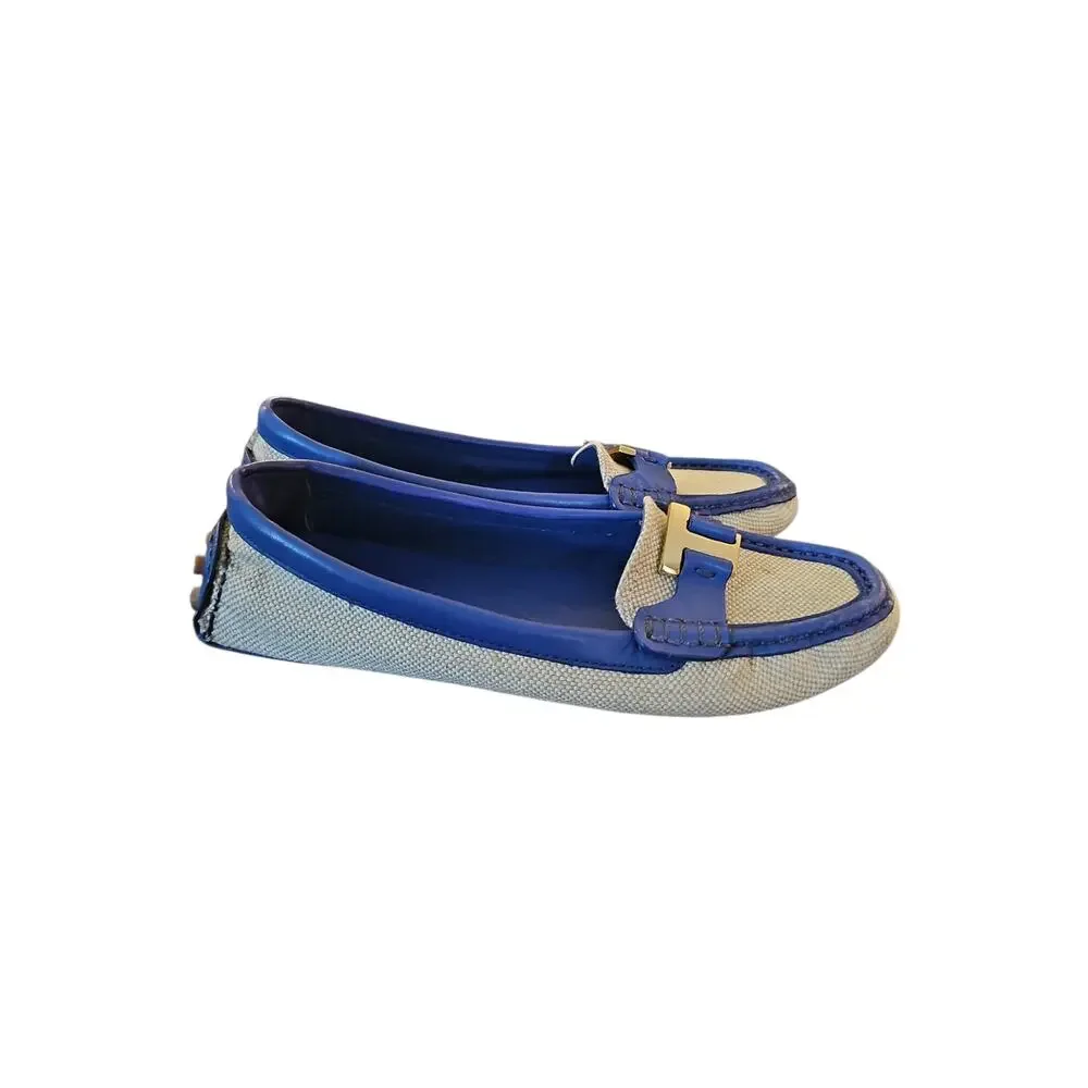Tory Burch natural tan driving loafer with royal blue and gold logo T sz 8.5 SH2